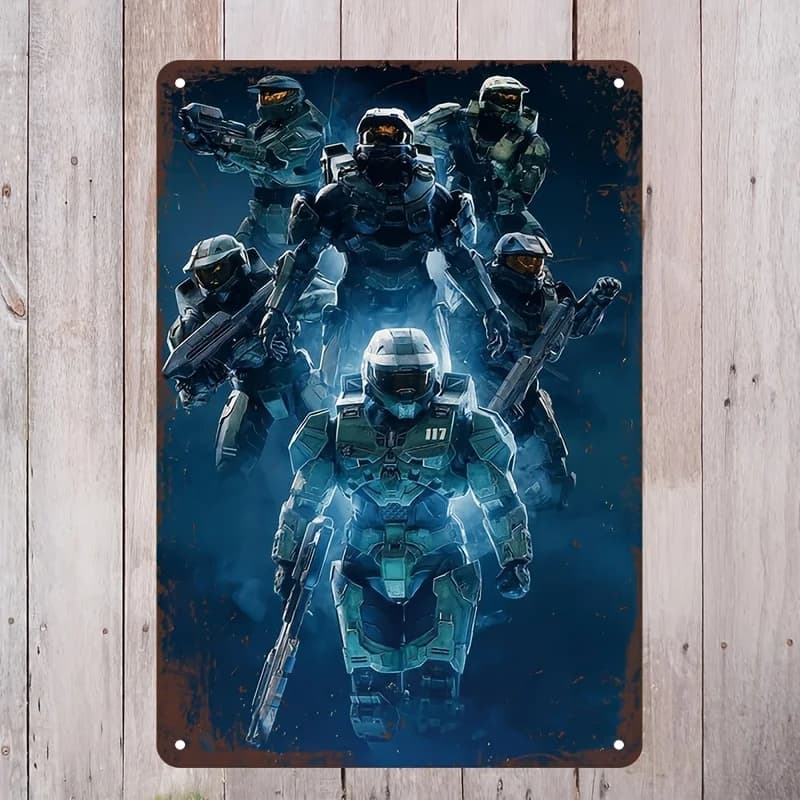 Panneau mural en métal inspiré de Halo, design vibrant Master Chief et Teamwork, décoration de jeu v