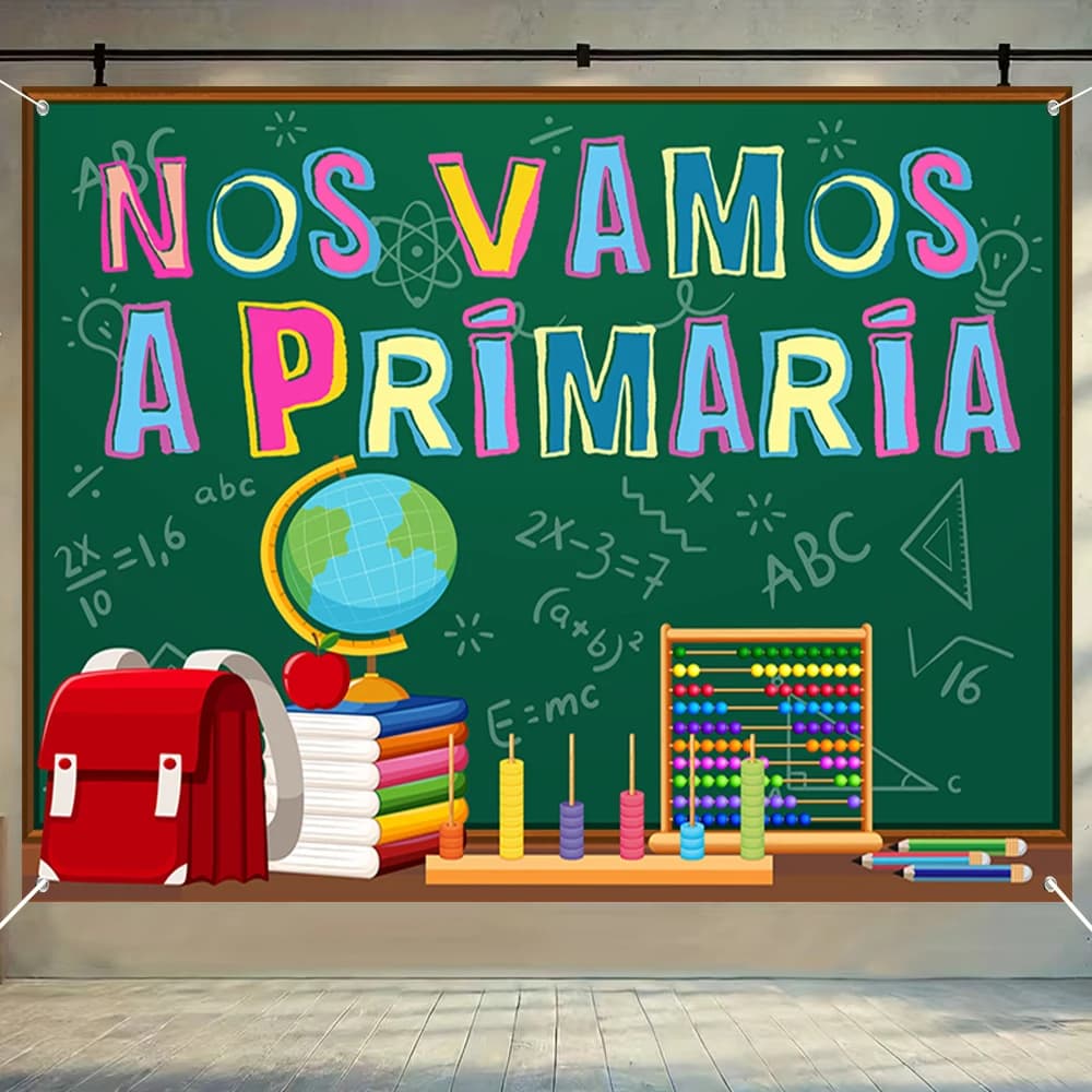 Décor de fond pour école primaire espagnole, thème « Nos Vamos A Primaria », fond vert style tableau