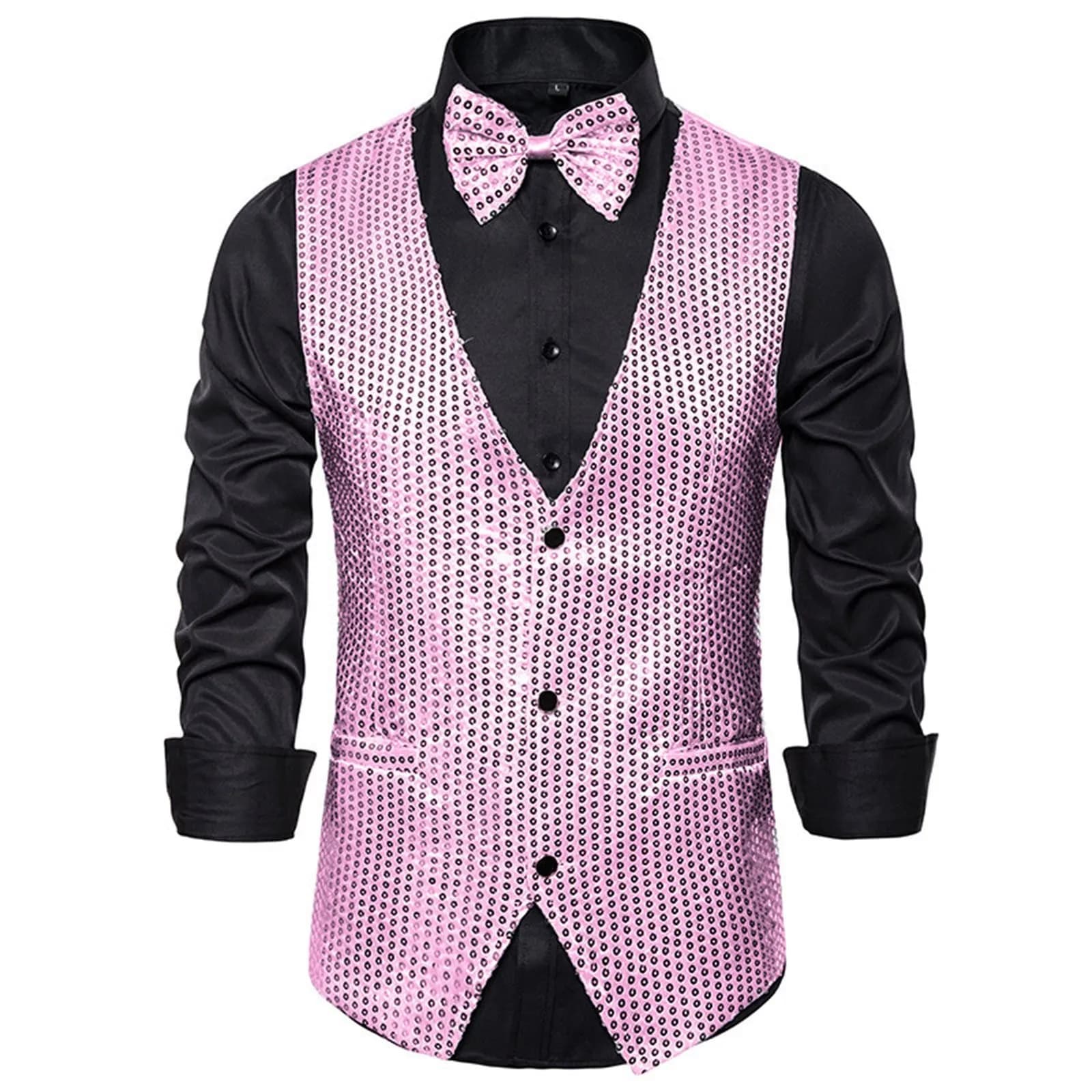Gilet à paillettes rose vif pour hommes, simple boutonnage, col en v, sans manches, manteau, fête de