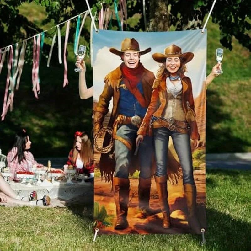 Fond de photo de fête de cowboy occidental avec motifs de cowboy et de cow-girl, paysage du désert s