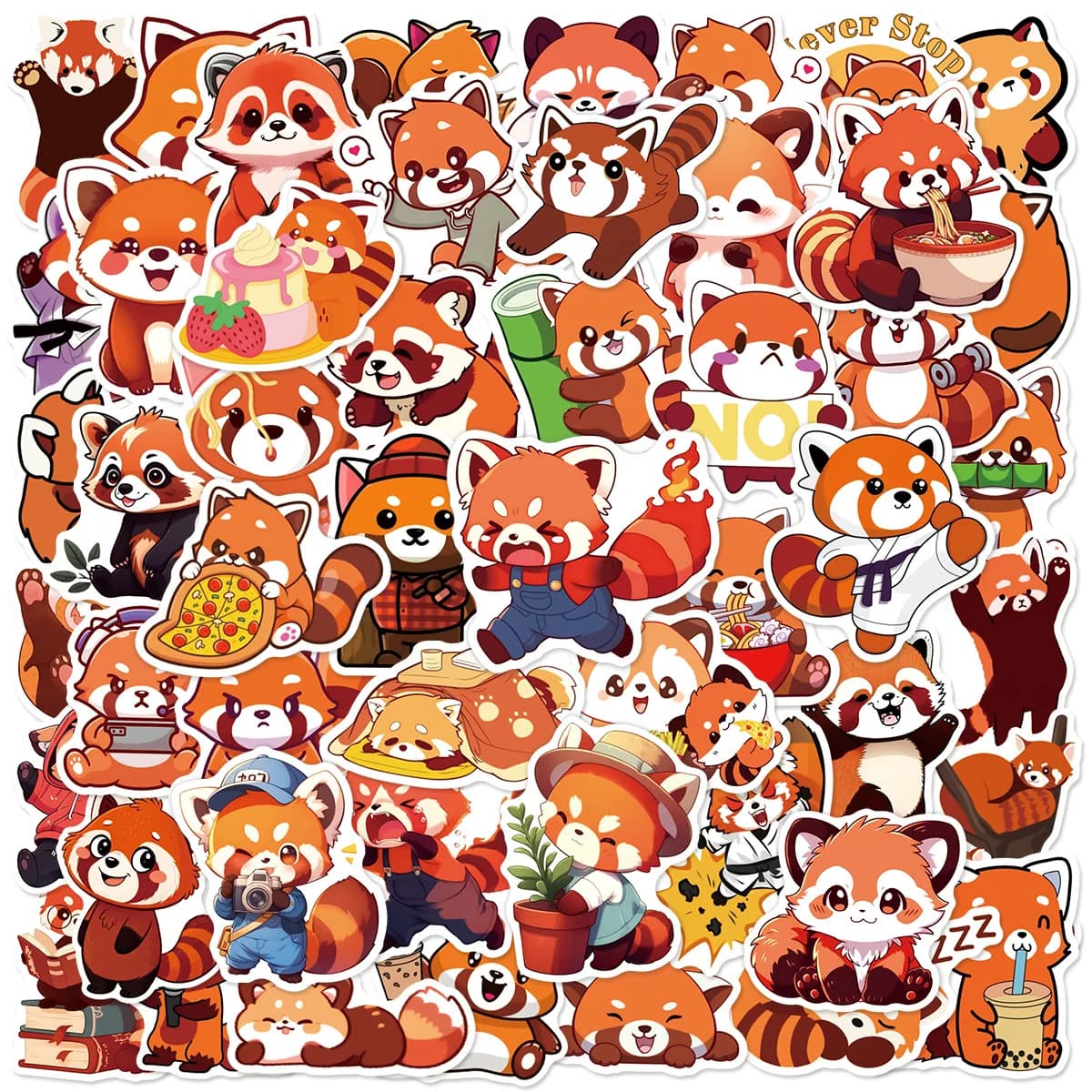 50 autocollants mignons de panda roux de dessin animé, Kawaii, amusants, créatifs, pour DIY, tasses,