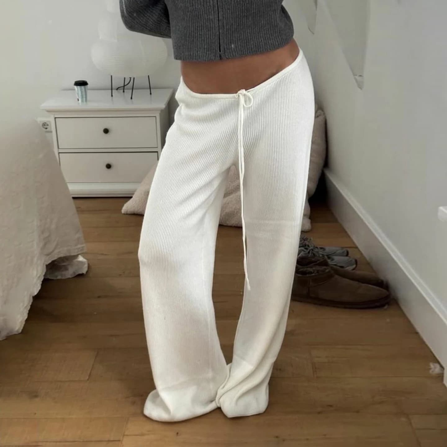 Pantalon tricoté côtelé taille basse, basique, couleur unie, décontracté, ample, cordon de serrage, 