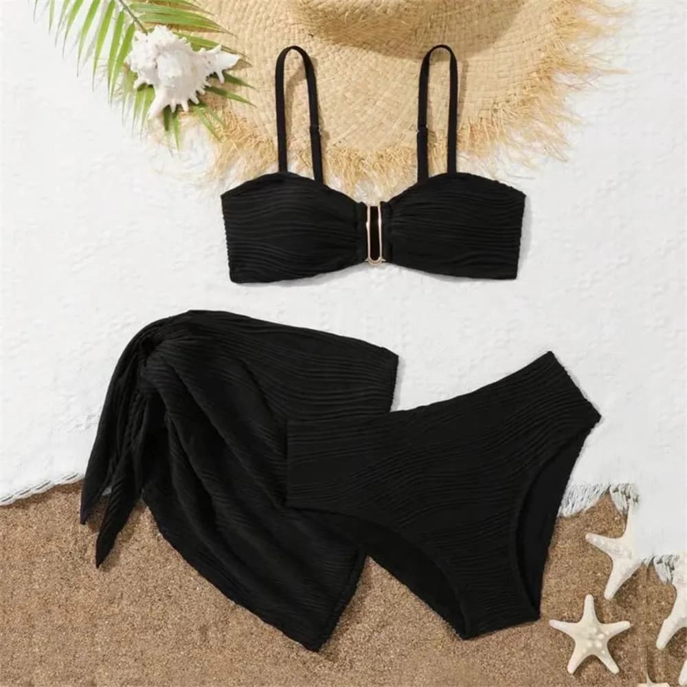 Maillot de bain 3 pièces à Texture Beige, couleur unie, ensemble Bikini, Cover-Up en forme de U, Sex