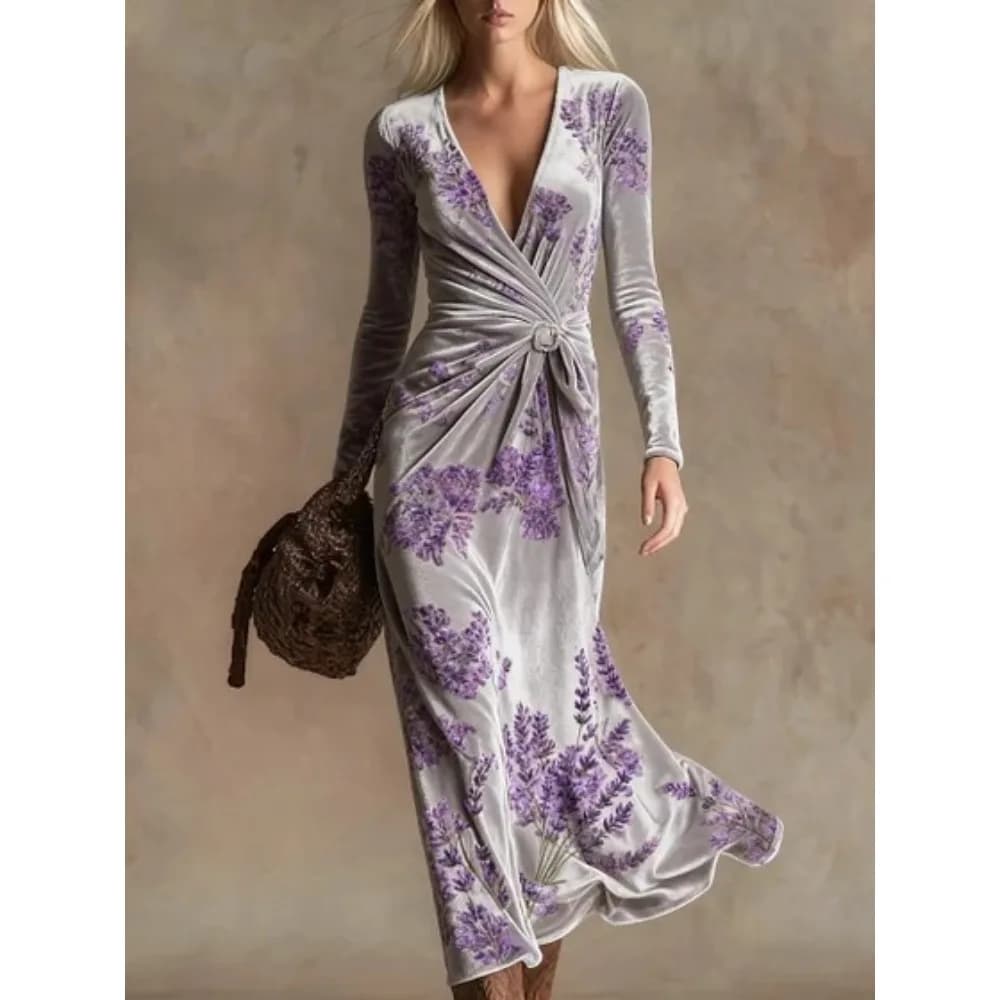 Robe longue en velours à imprimé botanique vert crème style bohème pour femme, à manches longues, co