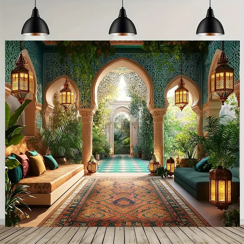 Un luxueux bannière de fond mural du palais marocain – une scène élégante de cour arabe, une décorat