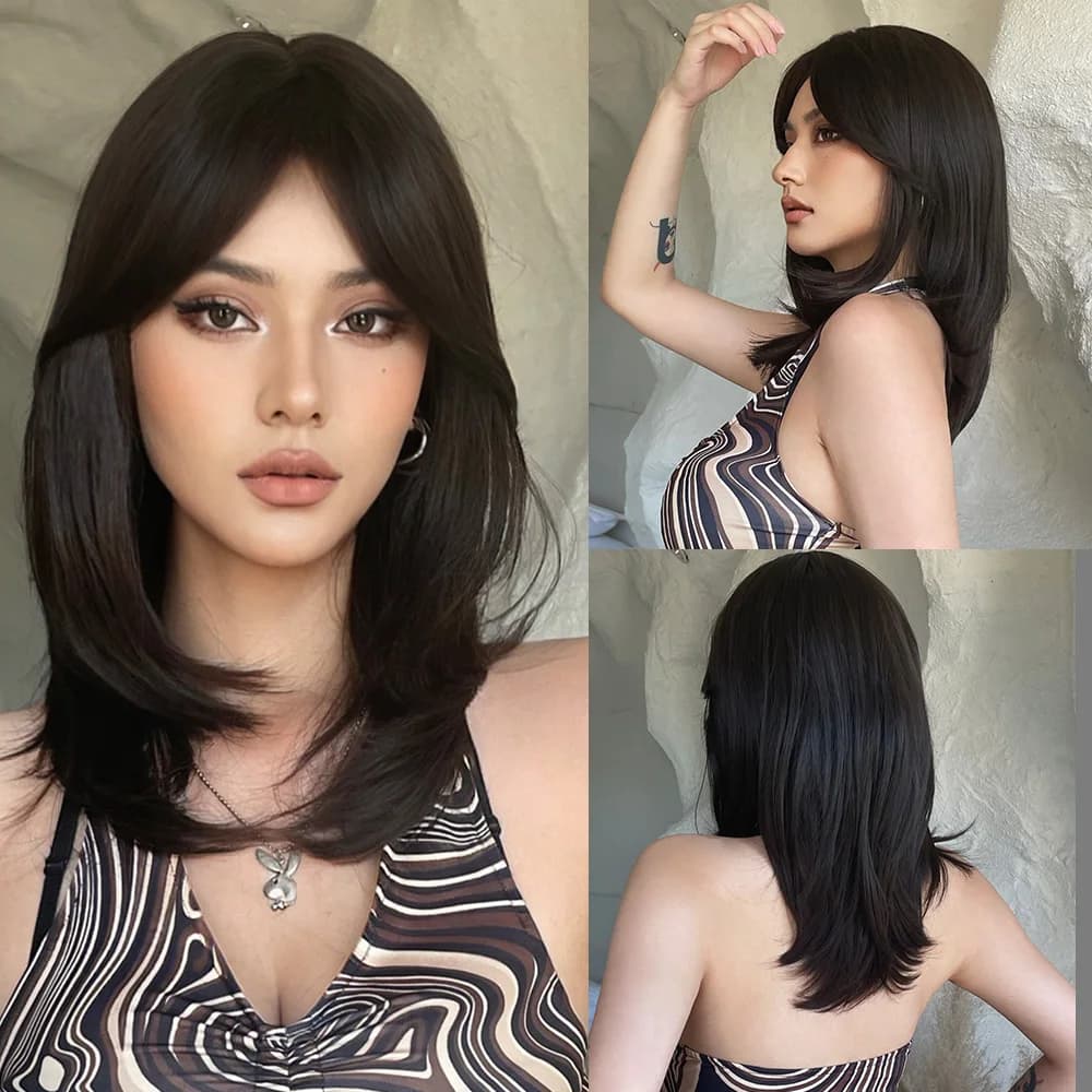 Perruque synthétique longue et lisse ombrée, gris cendré, marron, avec frange de rideau, cheveux à c