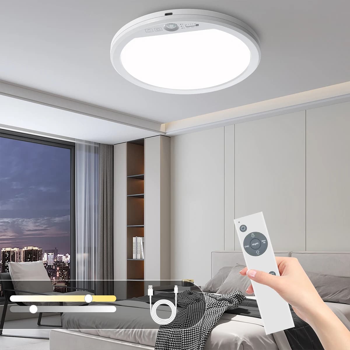 Plafonnier avec capteur de mouvement, 3 modes de couleur (6500K/3000K/4500K), batterie rechargeable