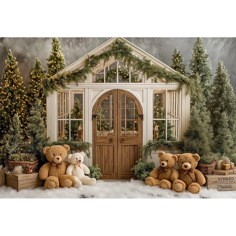 Toile de fond photographique Maison Blanche avec arbre de Noël et petit ours, pour enfants, bébés, s