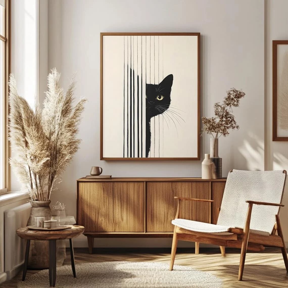 Dessin abstrait de chat noir, minimaliste, décoration bohème pour la maison, affiche pour chambre d'