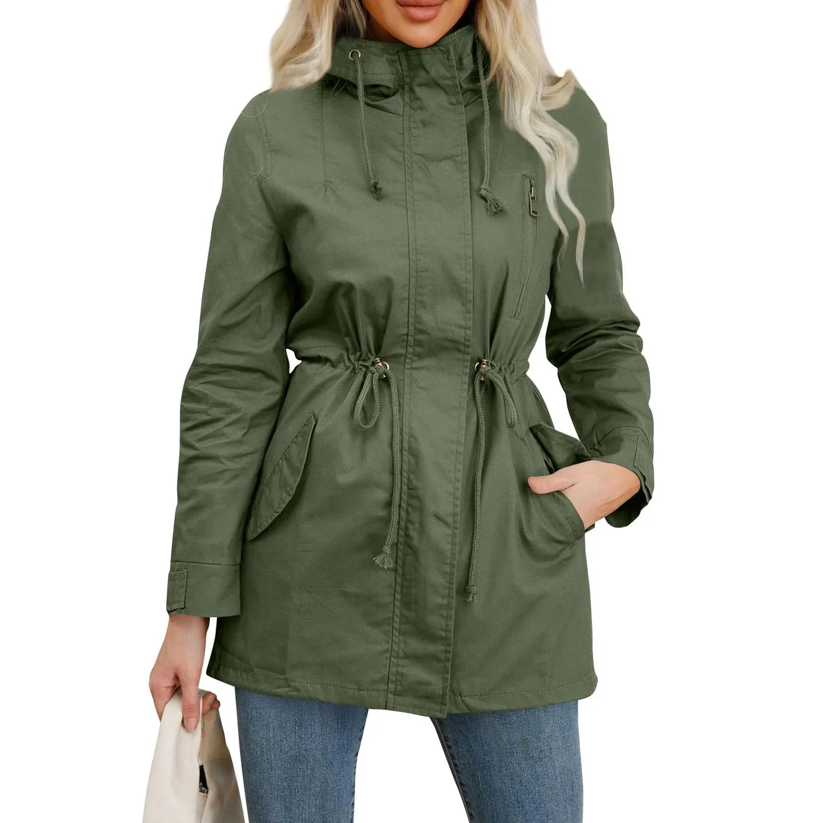 Trench-Coat à capuche pour femme, veste ajustée de couleur unie, pour le Camping quotidien en plein 