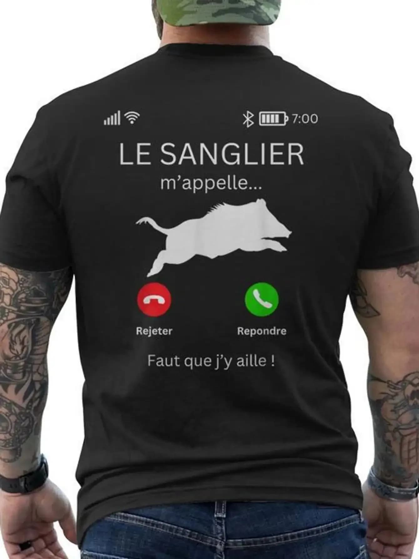 T-shirt de chasse humoristique noir avec motif de sanglier au dos, respirant, col rond, pour la chas