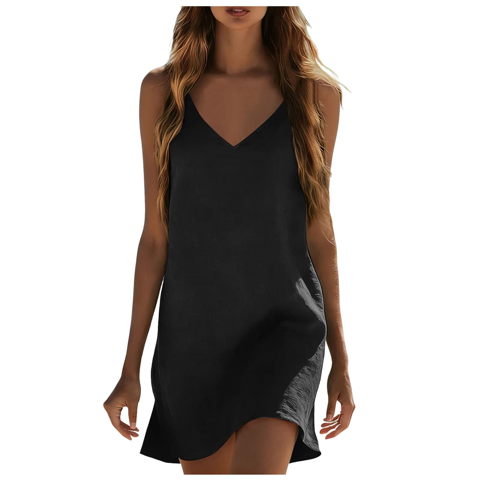 Robes en coton et lin pour femmes, mini-robe d'été sans manches, col en V, coupe ample, décontractée