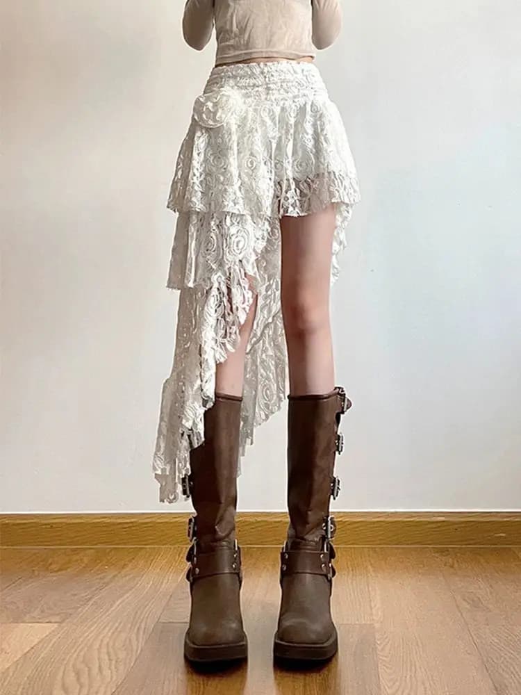 Jupe rétro en dentelle française, ourlet irrégulier, Niche Chic Y2K, mode ajourée, vêtements pour fe
