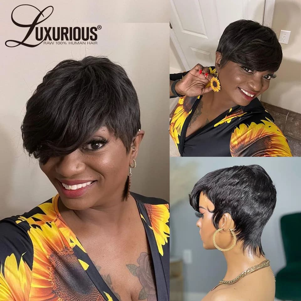 Perruques de cheveux humains coupe lutin brun ombré avec frange, entièrement fabriquées à la machine