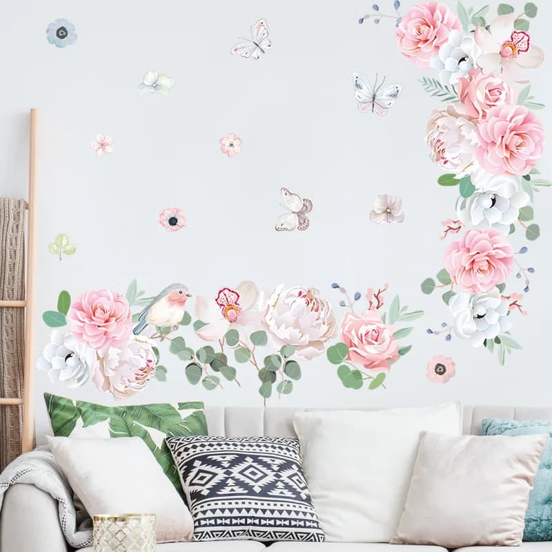 Autocollant mural fleurs roses et blanches, feuilles vertes, arrière-plan de canapé, décoration de m