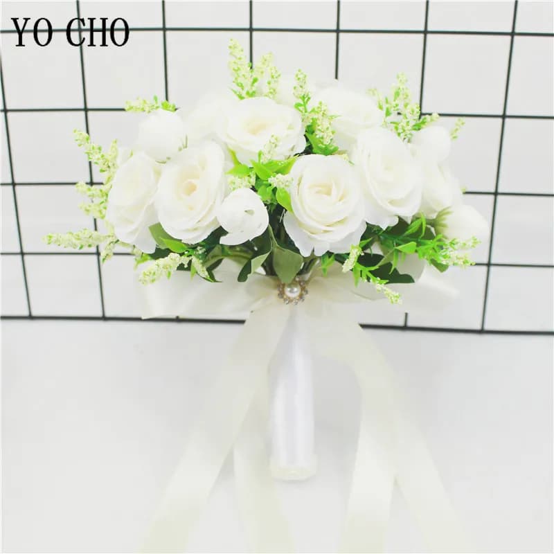 Bouquet de Mariage de demoiselle d'honneur, blanc, Rose, Champagne, Rose artificielle, tenant des fl