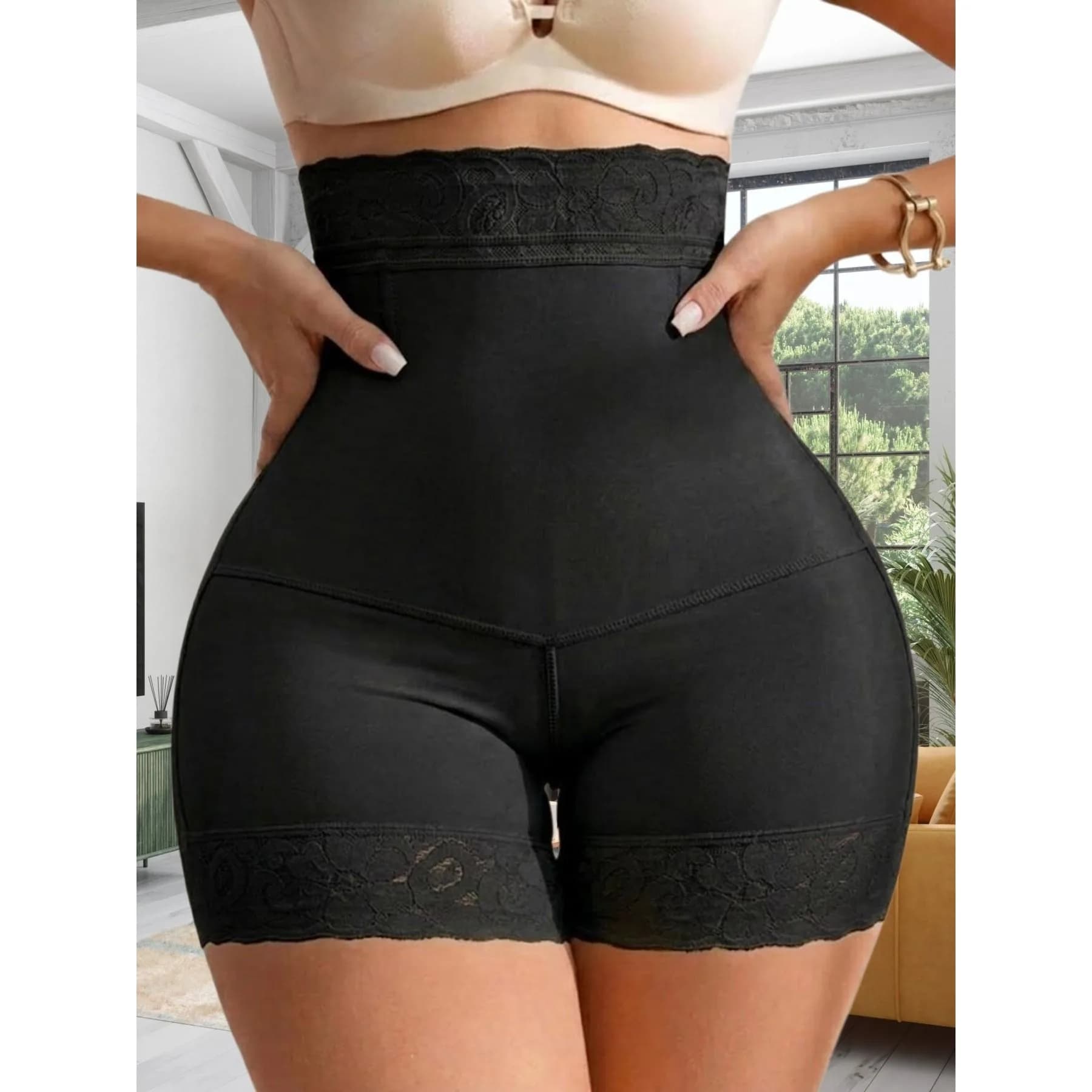 Shorty gainant taille haute pour femme, contrôle abdominal, effet push-up fessier, maintien ferme de