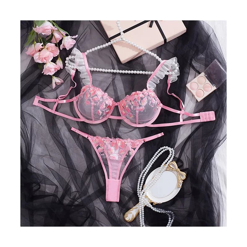 Ensemble de soutien-gorge en dentelle transparente brodée ultra-mince Ensemble de soutien-gorge à br