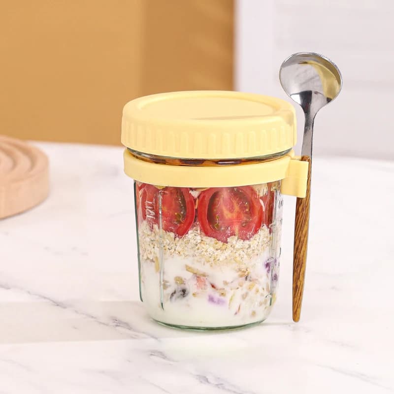 Tasse à flocons d'avoine en verre, récipient d'avoine de nuit avec couvercle et cuillère, pot de sto