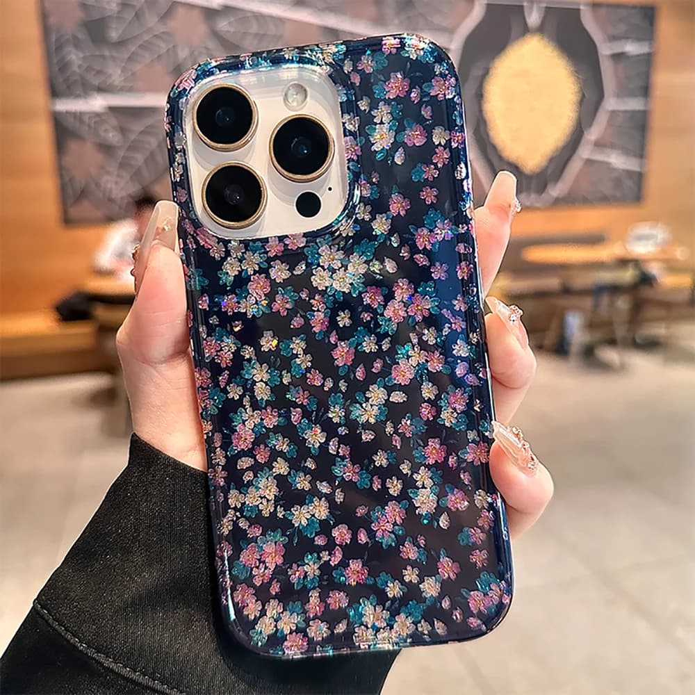 Coque de téléphone à paillettes, charmant, Vintage, fond vert foncé, fleurs colorées, motif Floral,