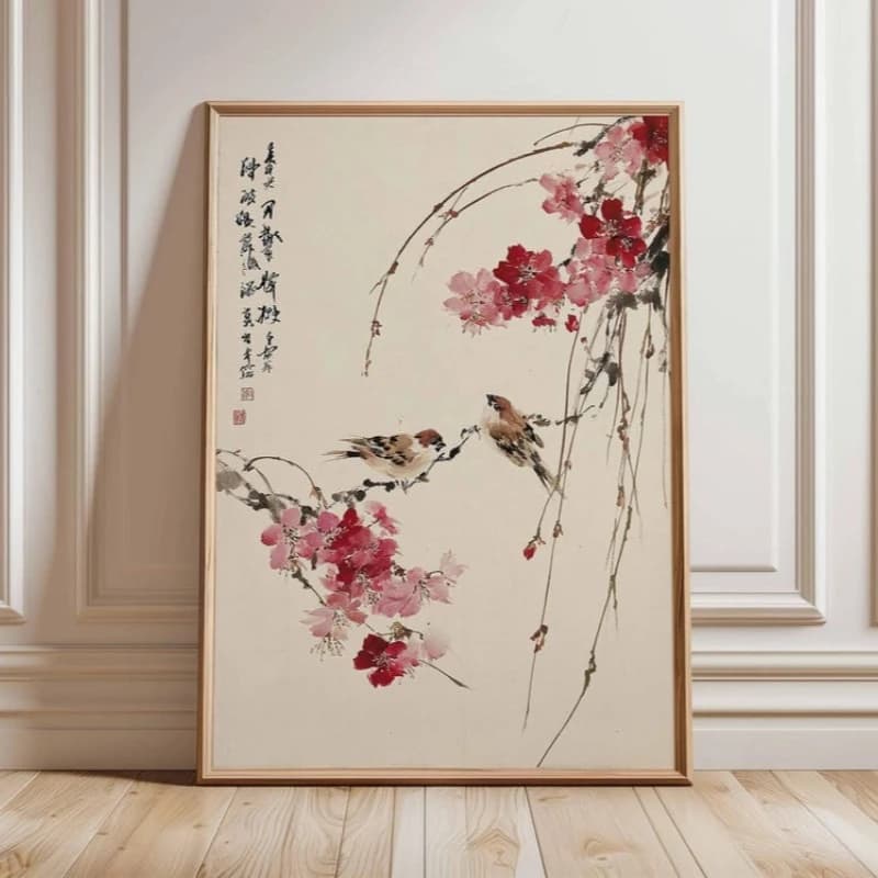 Affiche d'oiseau de style japonais, décoration murale en fleurs de cerisier, décoration de maison d'