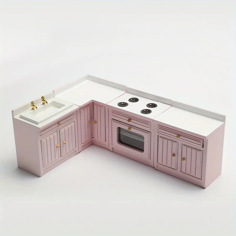 Playdoll House Ensemble de cuisine de meubles miniatures avec armoire et évier en bois rose
