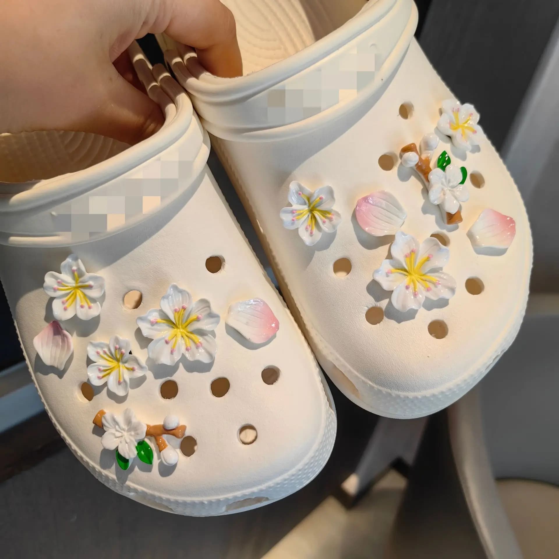 Breloque de chaussure fleur rose et blanche, motif cerisier et pêcher, style forêt mignon, accessoir