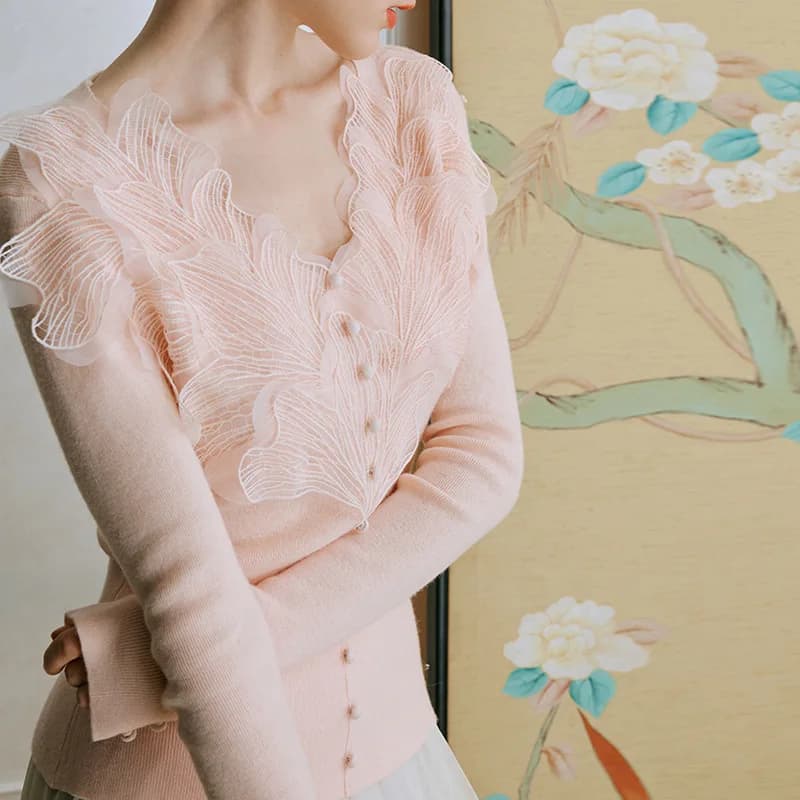 Chemise tricotée en laine de mouton et plumes roses pour femmes, nouvelle tenue en dentelle avec hau
