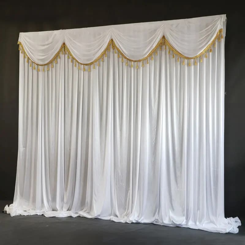 Rideau à pampilles dorées pour scène de théâtre de luxe, arrière-plan blanc pour événements, remise