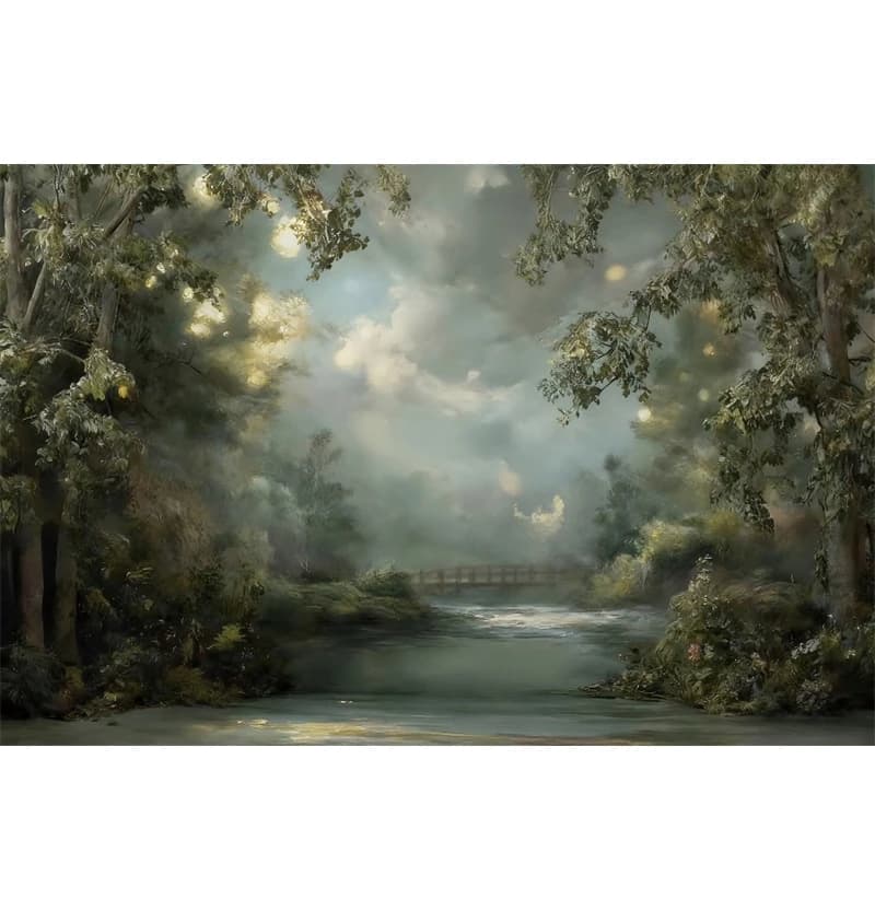Toile de fond vintage pour photographie de jardin, forêt enchantée, lierre, cerf, chemin de rivière,