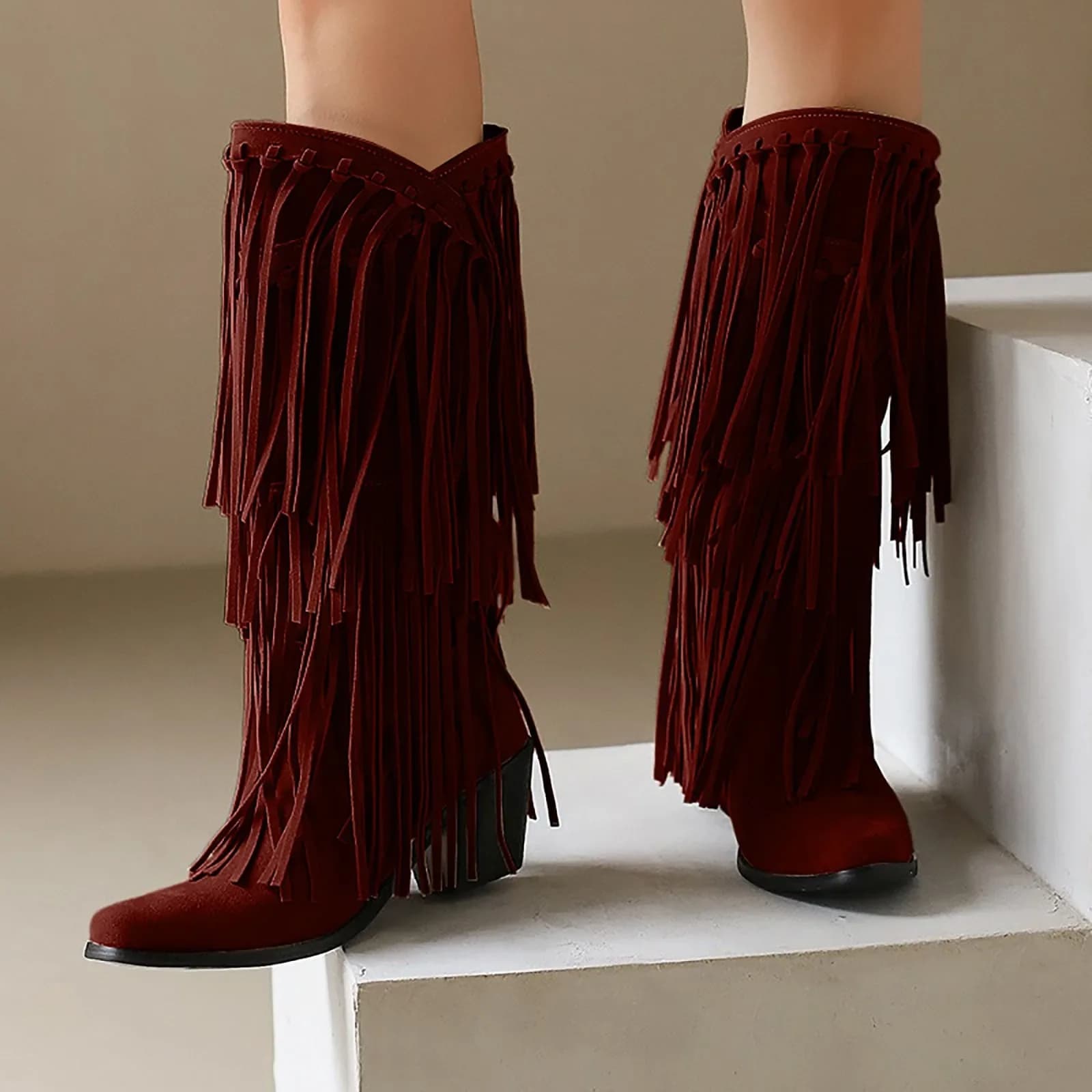 Grande taille 45 femmes rétro ethnique Western Cowboy bottes bloc talons moyens gland frange genou h