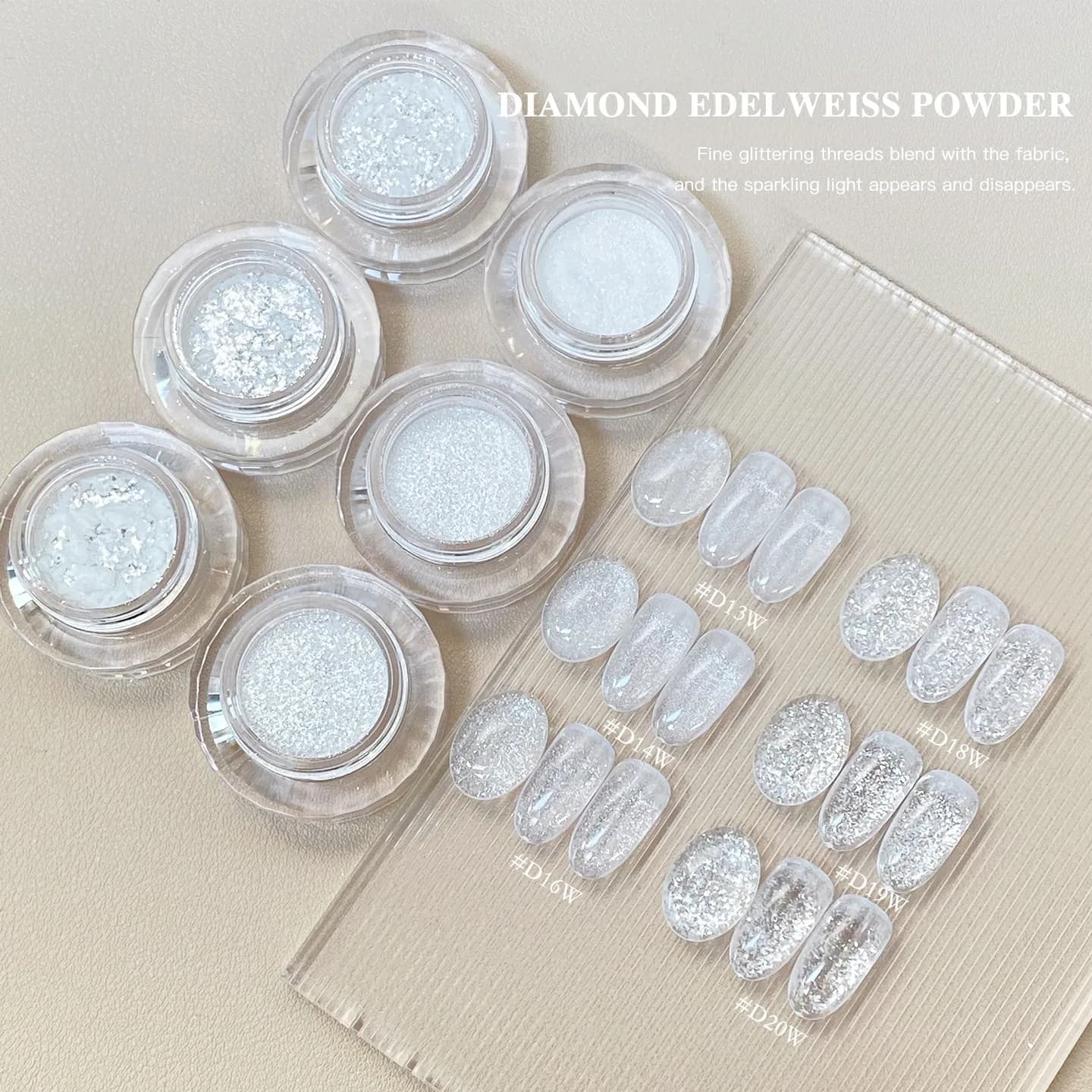 Poudre à ongles DIAMOND EDELWEISS, texture velours à paillettes fines, éclat caché, fils brillants e