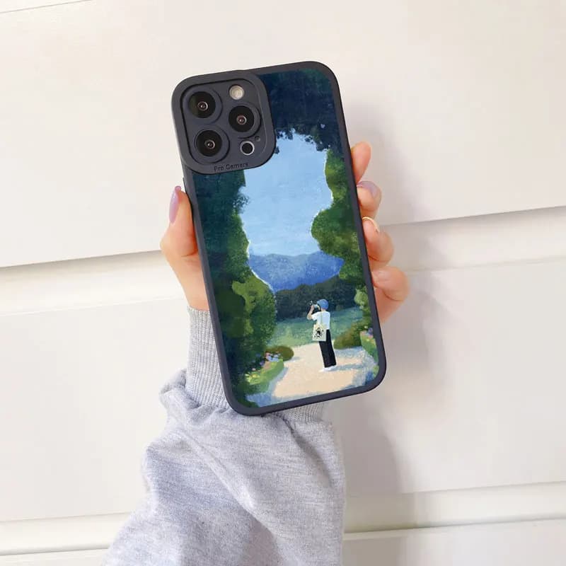 Coque de téléphone de relaxation de banlieue verte de dessin animé, couverture souple mignonne vinta