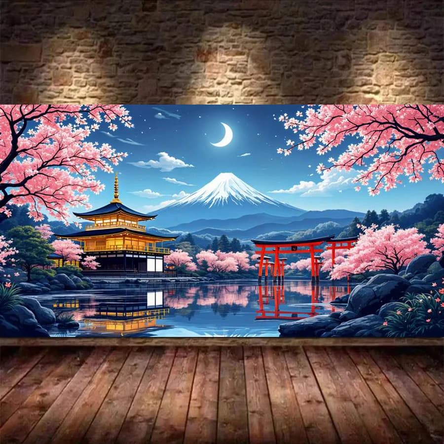 Monter Fuji paysage grande taille bricolage diamant peinture rose fleur de cerisier Temple pleine pe