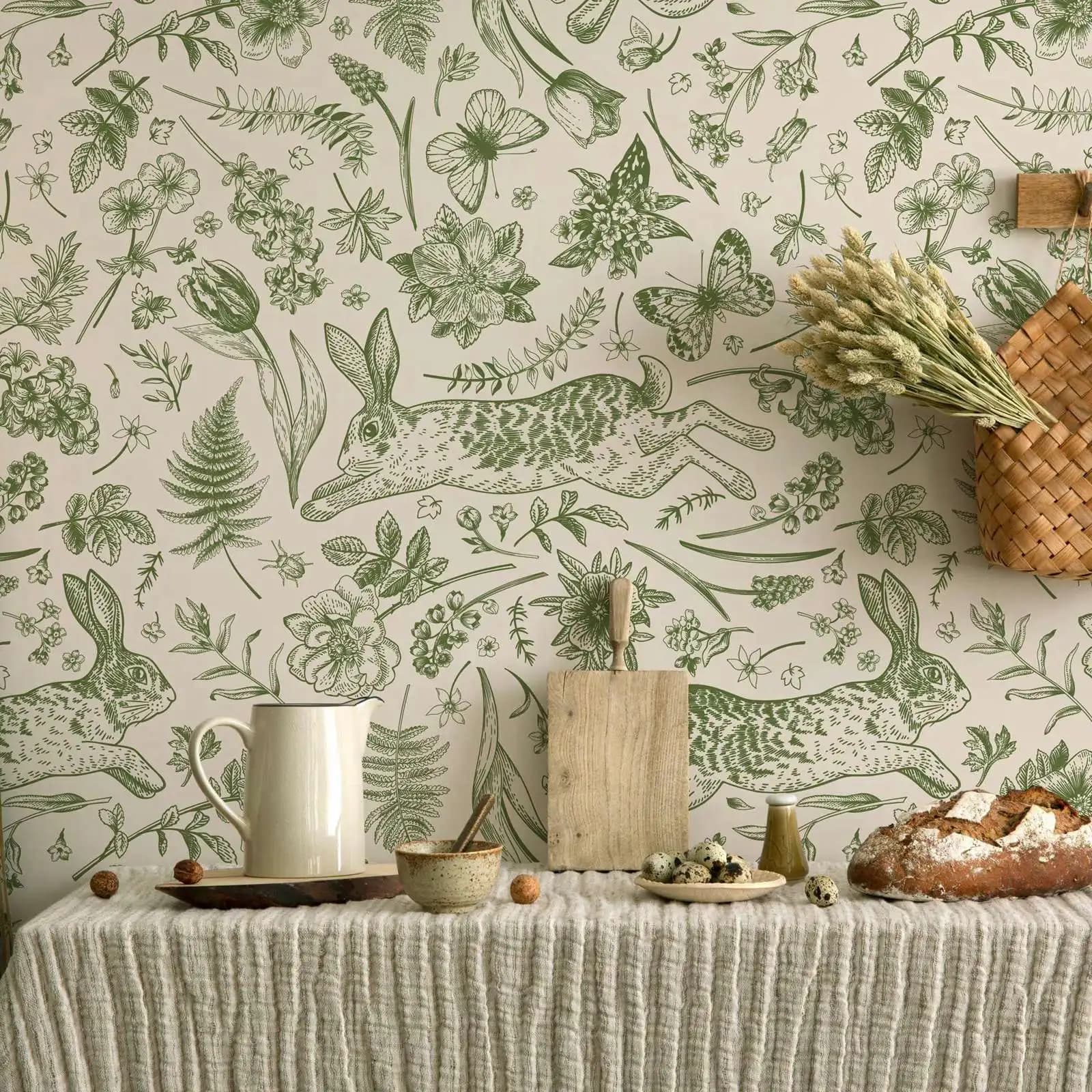 Papier peint lapin botanique Vintage, forêt verte, décoller et coller, revêtement mural auto-adhésif