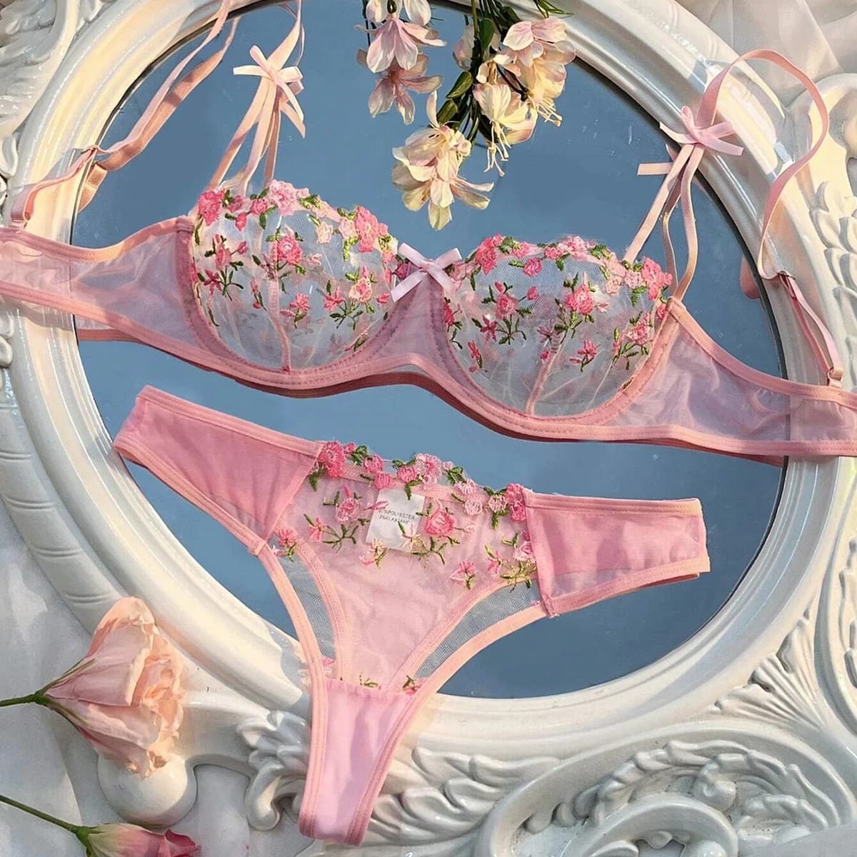 Soutien-gorge rose transparent pour femmes, ensemble de lingerie sexy, soutiens-gorge brodés à fleur