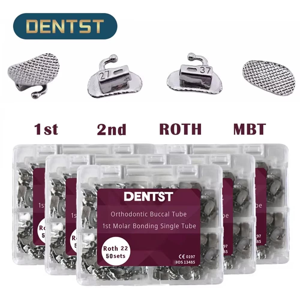 50 ensembles/200 pièces orthodontie dentaire 1er 2ème molaire Tubes buccaux collables Base en maille