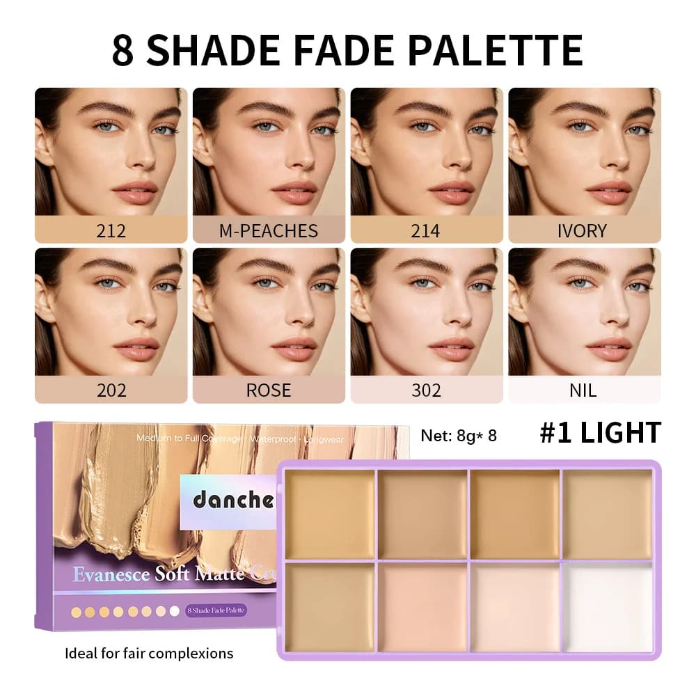 Evanesce Soft Matte Cream Concealer 8-Shade Fade Palette Couvrance Totale Longue Durée Imperméable M