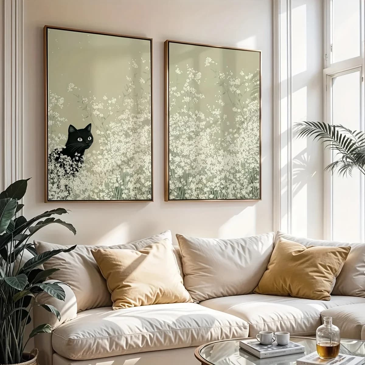 Série Champ de Fleurs et Chat, Lot de 2 Tableaux Muraux, Vert Sauge, Affiche Printanière, Décoration