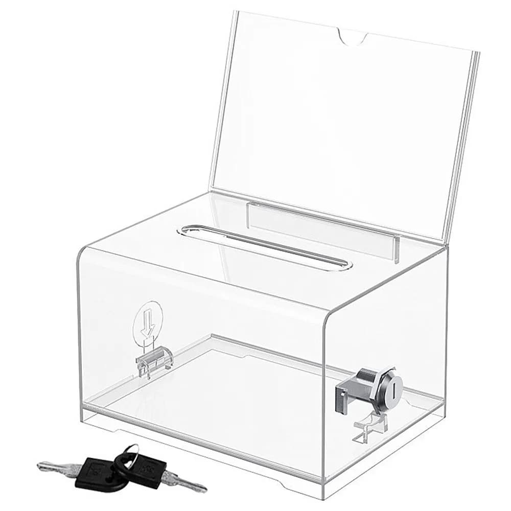 Boîte de dons transparente avec serrure, urne de vote avec porte-signatures, boîte de loterie, tirel