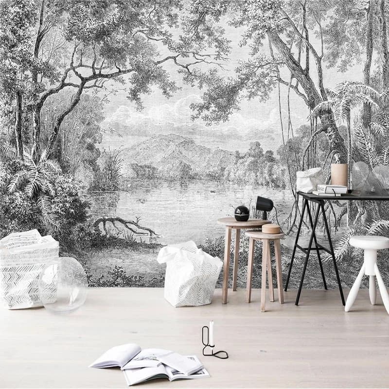 Papier peint photo Forêt noir et blanc Mural rétro européen Peinture à la main Ligne Forêt tropicale