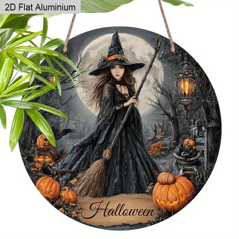 Décoration murale plate 2D en aluminium pour Halloween, motif sorcières, chauves-souris et citrouill