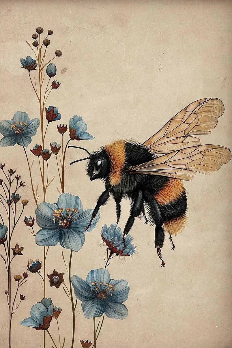 Boho Abeille en fleur bleue Impression Moody Lupin Bumblebee Décor Botanique Imprimable Dark Academi