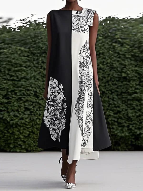Krisstargirl été contraste couleur Maxi robe 2025 femme élégant Vintage imprimé sans manches asymétr