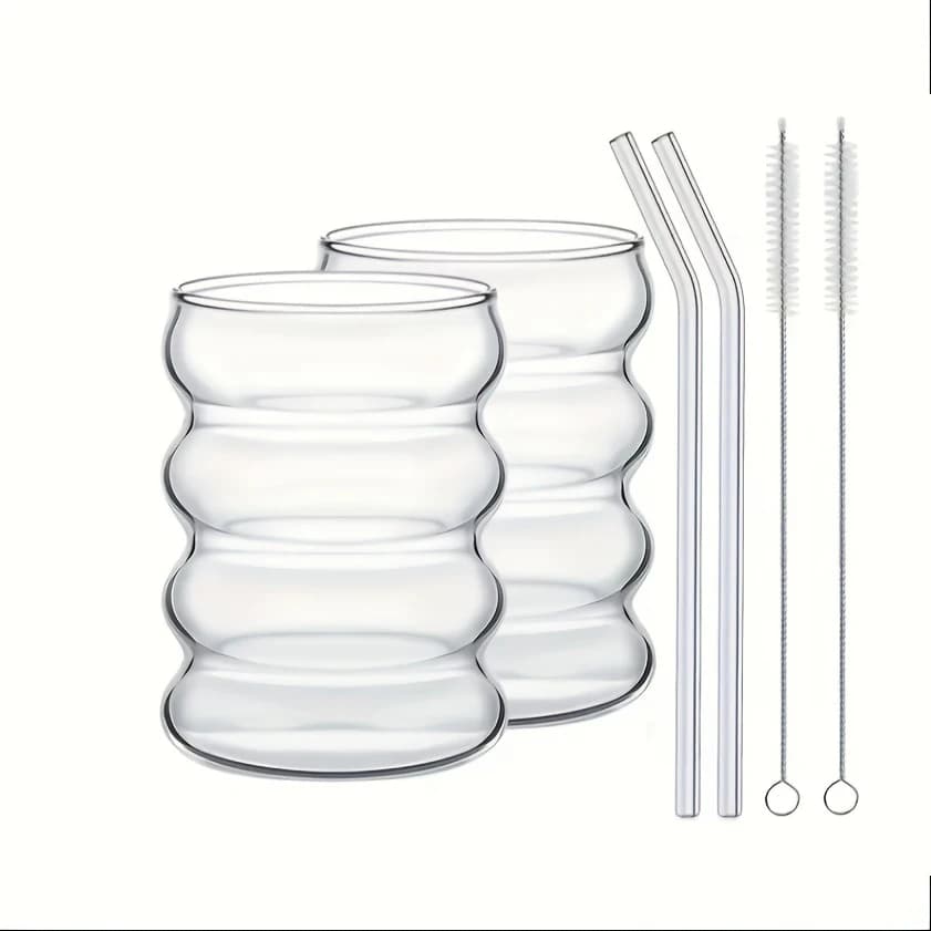 2 tasses à café en verre borosilicate élevé 350ML/11.8oz avec paille et brosse, conception d'ondulat