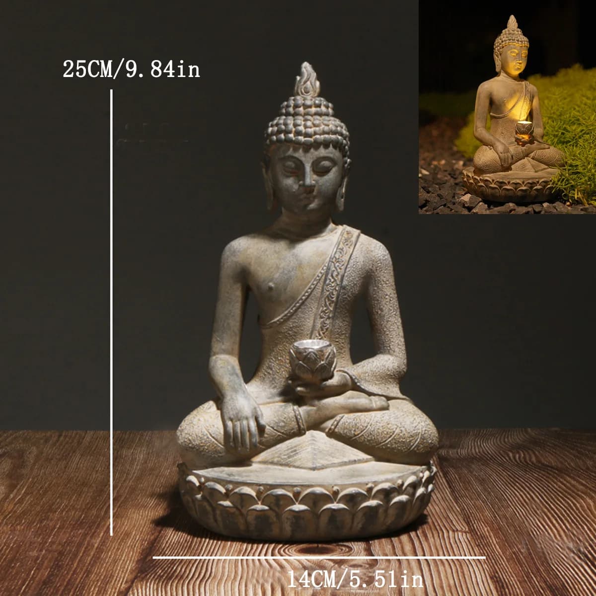 Statue de Bouddha solaire inspirée du Zen avec lumière - Décoration de jardin et d'entrée en résine,