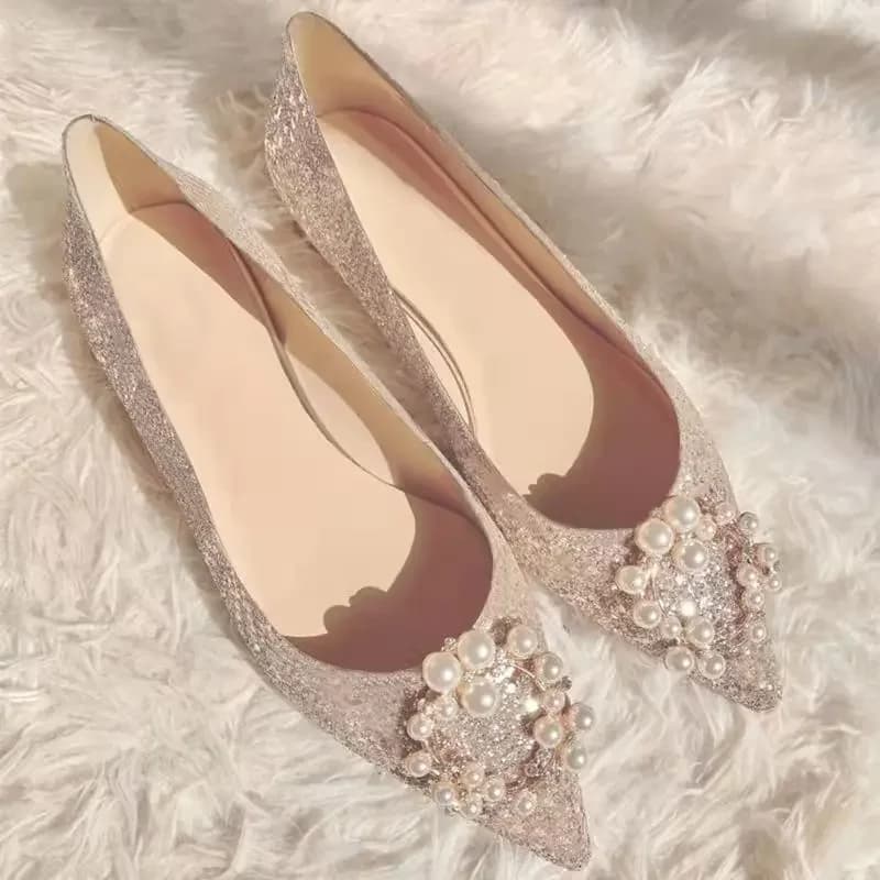 Chaussures de Mariage de Luxe à Paillettes Dorées et Argentées pour Femme, Plates de Grande Taille 3