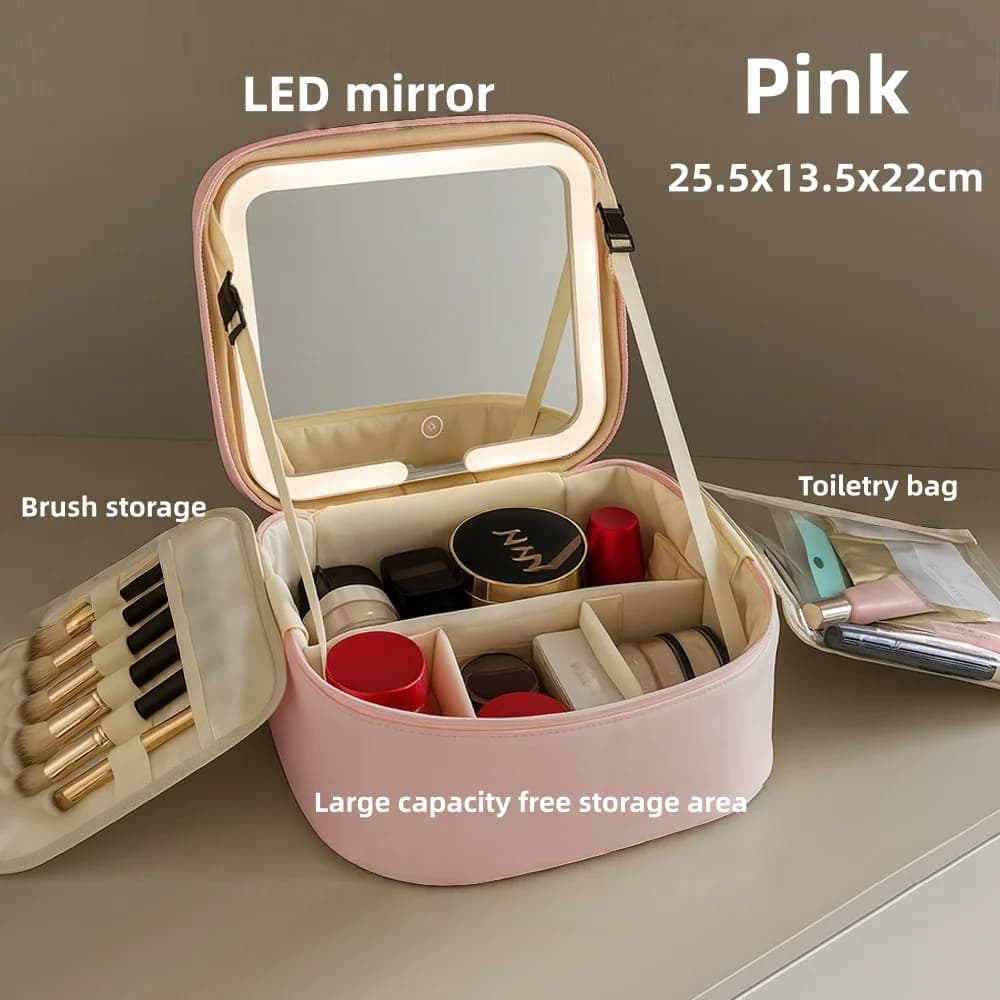Trousse à cosmétiques de voyage LED avec lumière et miroir, trousse de maquillage de grande capacité