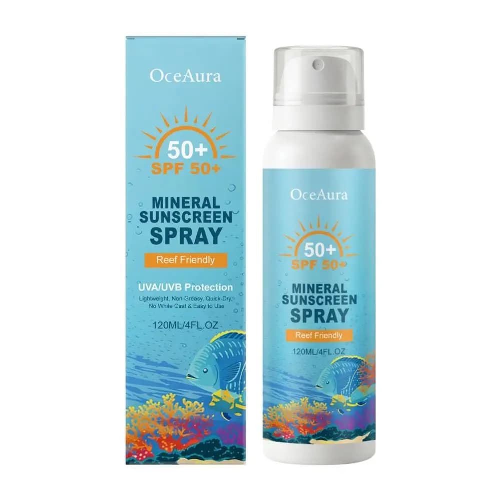 Spray solaire minéral premium SPF50+ respectueux des récifs 120ml, protection UVA/UVB longue durée,