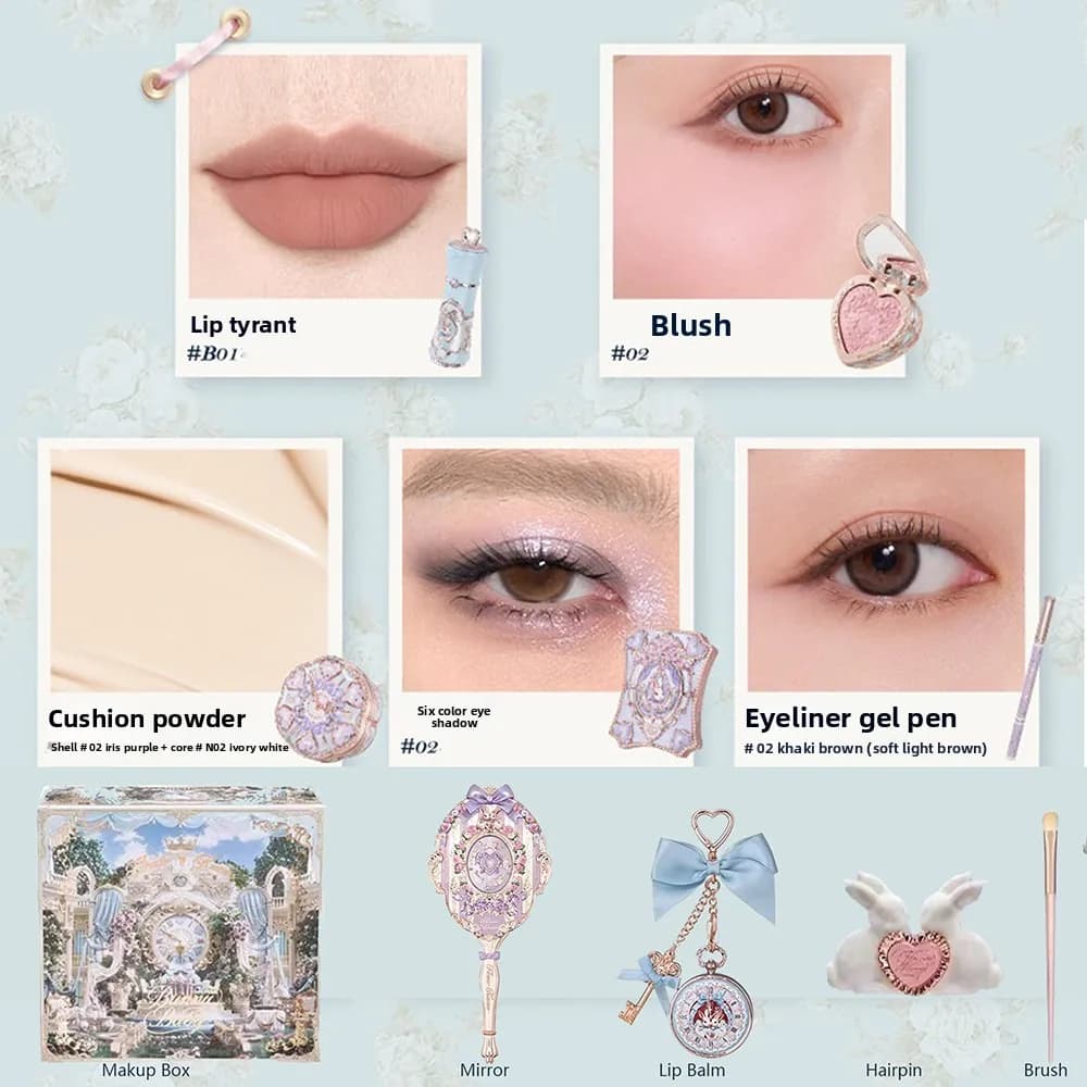 Ensemble de maquillage Flowerknows Garden Collection, crème pour les lèvres, blush, coussin CC, fond